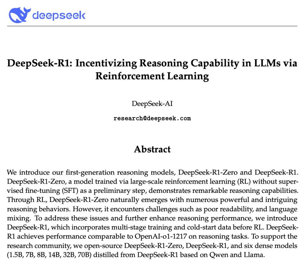 Página inicial do paper técnico “DeepSeek-R1: Incentivizing Reasoning Capability in LLMs via Reinforcement Learning”, publicado pela equipe da DeepSeek em janeiro de 2025. O estudo descreve a abordagem baseada em aprendizado por reforço (RL) que permitiu ao modelo desenvolver raciocínio autônomo e estruturado.