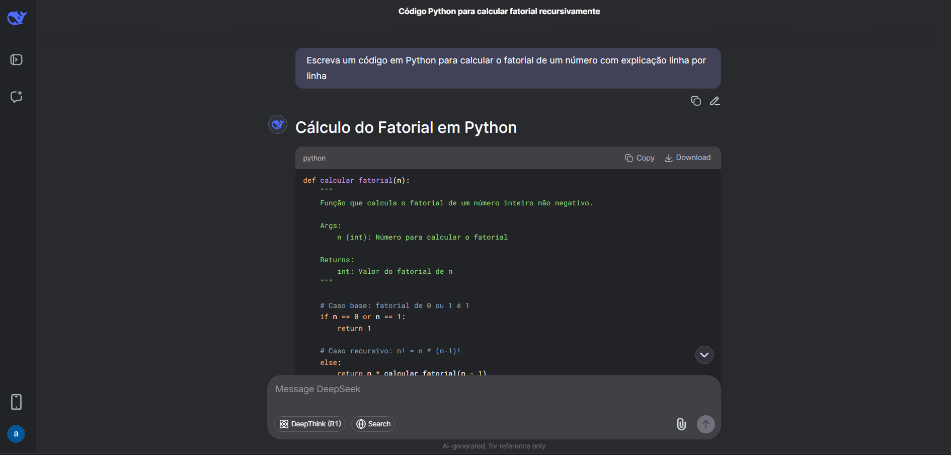 Escreva um código em Python para calcular o fatorial de um número com explicação linha por linha