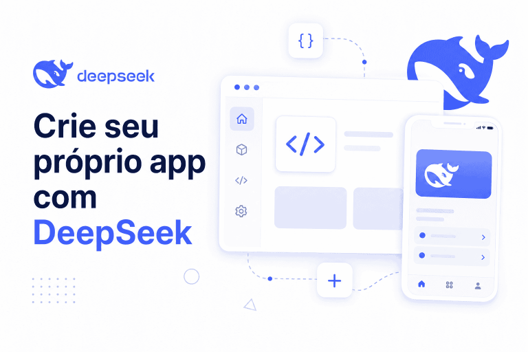 Ilustração de um aplicativo web e móvel criado com DeepSeek, com interface de código e identidade visual azul.